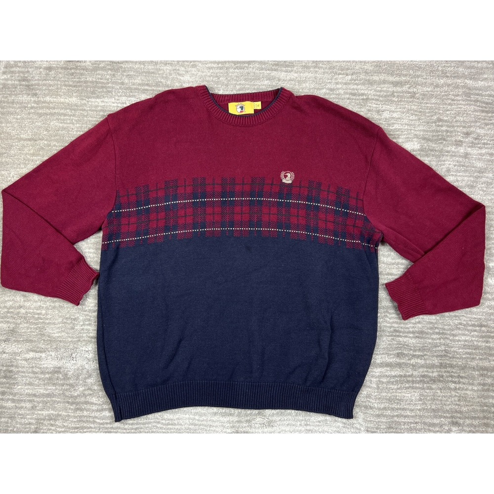 Duck Head Sweater Mens XL Burgundy Navy Plaid Colorblock Cotton Crewneck USA